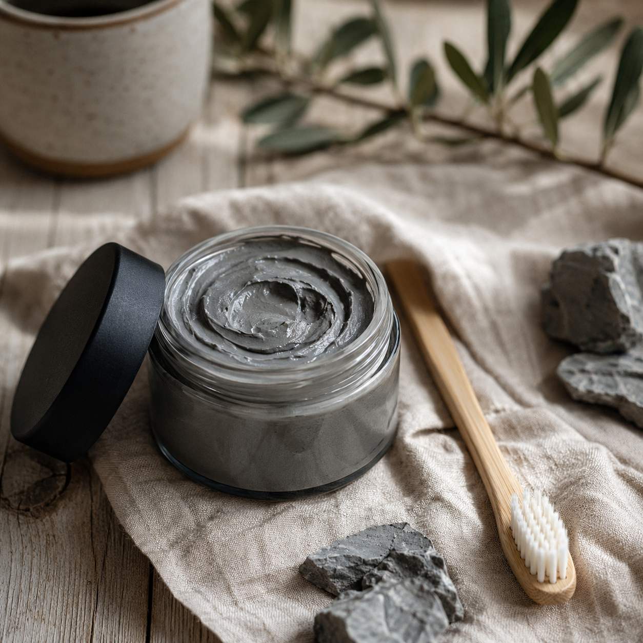 Open glass jar of deep grey bentonite clay toothpaste with a bamboo toothbrush and raw clay stones on natural linen