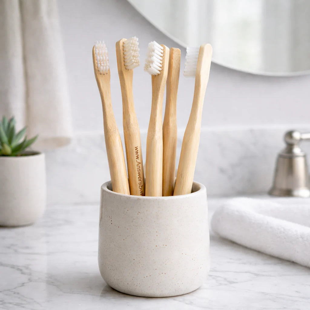 Plant-based natural bristle bamboo toothbrush, 100% biodegradable, 4 pack with kraft paper boxes